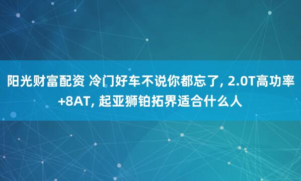 阳光财富配资 冷门好车不说你都忘了, 2.0T高功率+8AT, 起亚狮铂拓界适合什么人